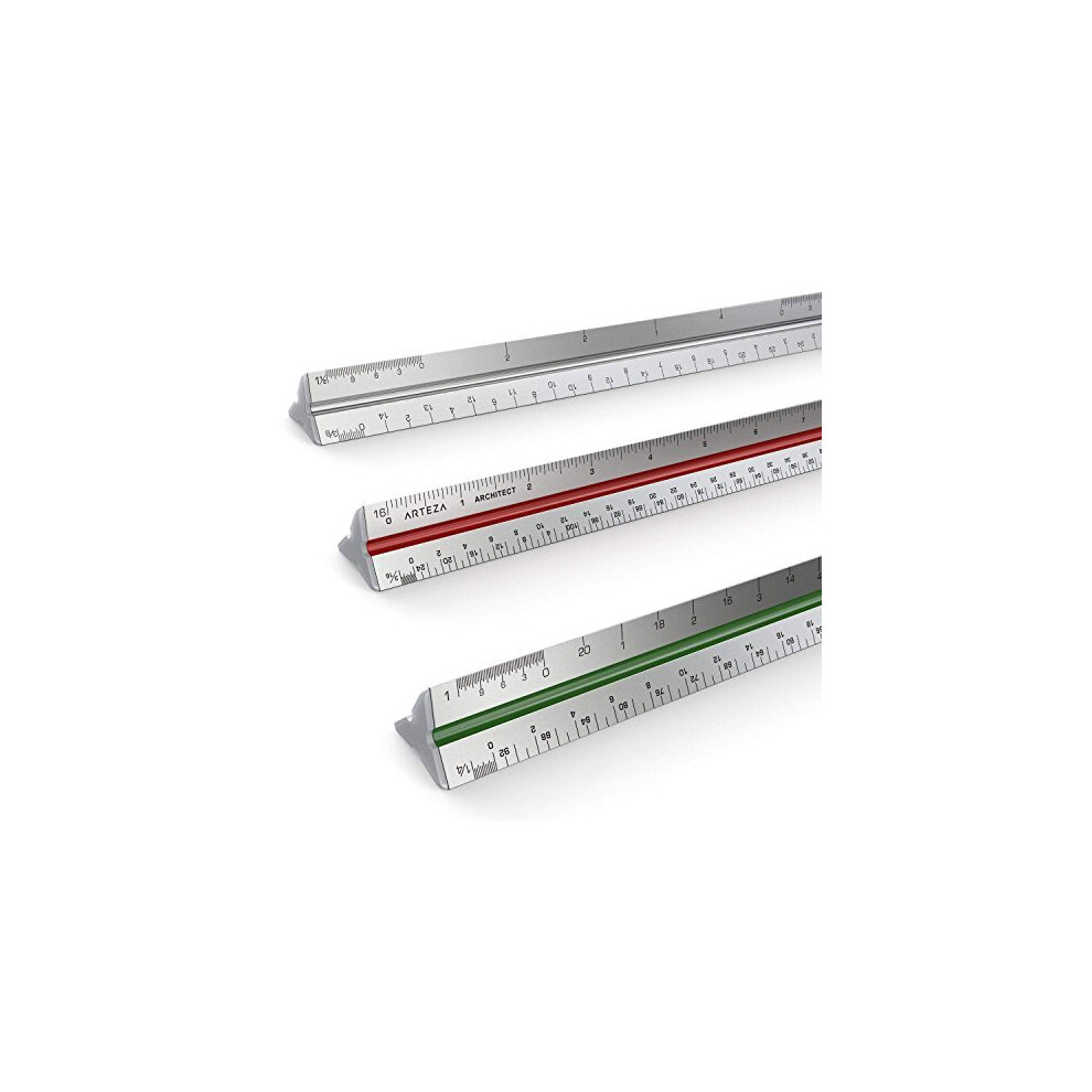 Architectural Scale Ruler Set, 2 Pack - 12 Inch Aluminum Triangular Architect Ruler & Metal Straight Ruler, Imperial Scales