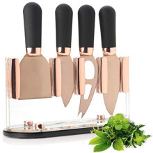 Cheese Knives Stand Rose Gold Brooklyn Transparent Acrylic Holder 4Piece Knife Set Hard TitaniumPlated Super Sharp Blades Soft Grip Handles 2 Year