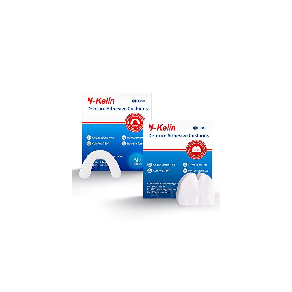 Y-Kelin Denture Adhesive Cushion Upper 30 Pads Lower 30 Pads Each 1 Pack