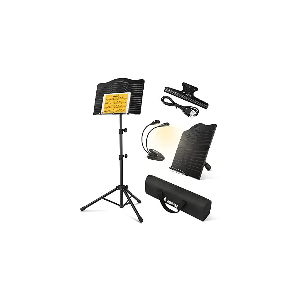Sheet Music Stand Foldable Travel Metal Stand Adjustable DMS1 with Carrying Bag Rotating Chargeable Music Light and Clip Holder Portable Projector