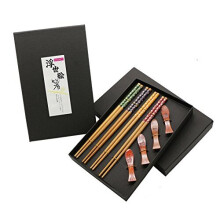 Chopsticks Gift Set 4 Pairs Reusable Natural Bamboo with 4 pcs Wooden Chopstick Rests in a Beautiful Black Handmade Box Decorated Japanese Style