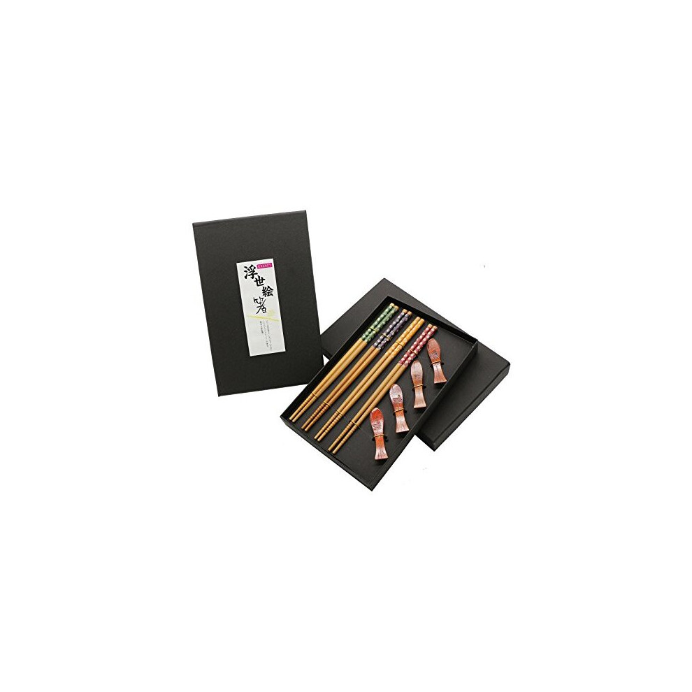 Exzact Chopsticks Gift Set 4 Pairs Reusable Natural Bamboo With 4 Pcs Wooden Chopstick Rests In A Beautiful Black Handmade Box Decorated Japanese Style