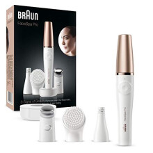 FaceSpa Face Epilator Hair Removal with Facial Cleansing Brush Head Toning Head and Charger Stand Wet and Dry SE911 WhiteBronze