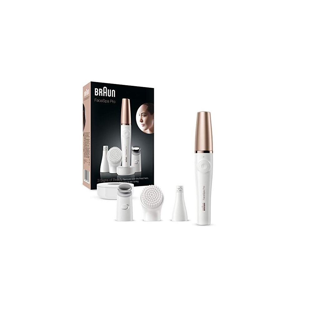 Braun White/Bronze Facespa Face Epilator Hair Removal With Facial Cleansing Brush Head Toning Head And Charger Stand Wet And Dry Se911