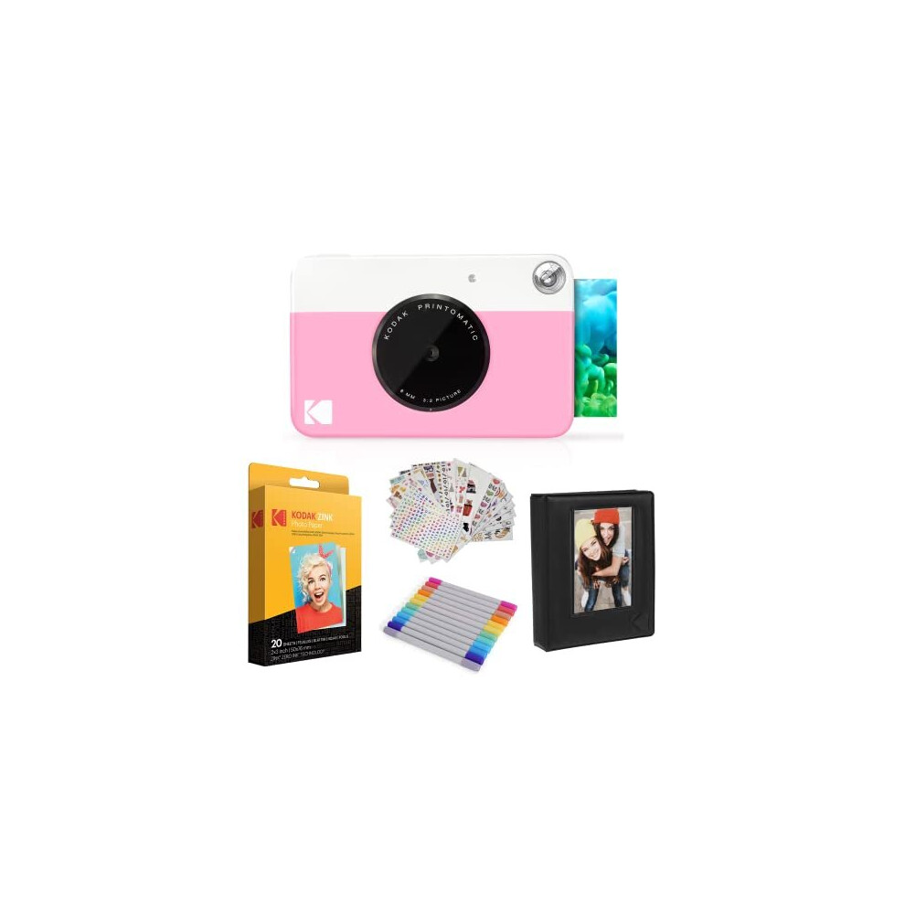 Kodak Printomatic Instant Camera Pink Gift Bundle Zink Paper 20 Sheets Case 7 Sticker Sets Markers Photo Album