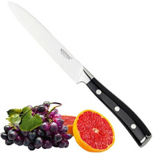 Professional Sabatier Serrated Utility Knife 5in12cm Full Tang Blade Forged from ChromeMolybdenumVanadium Stainless Steel Carbon Black Triple Rivet