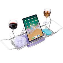 Extendable Bathtub Caddy Tray 304 Stainless Steel Over Bath Tub Racks Shower Organizer with Removable Wine Glass Holders and Book Holder