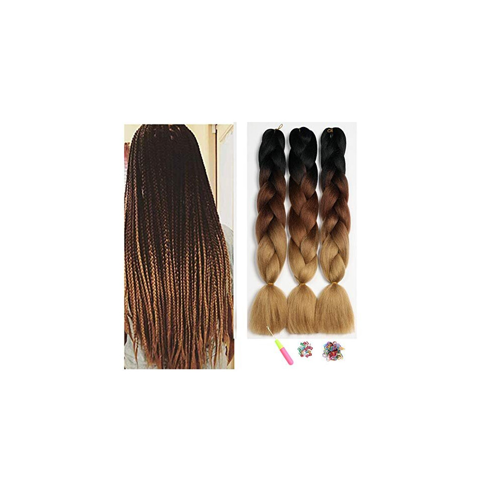 Showjarlly Unisex Brown Box Braid Hair Extensions 24Inch Blackdark Light Ombre Jumbo Braid Hair 3Packs Synthetic Jumbo Braiding Hair Extension Afro Hair Extensions
