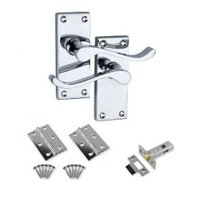Victorian Scroll Polished Chrome Door Handle Pair with 64mm Tubular Latch 2X 75mm Hinges Interior Door Pack Set