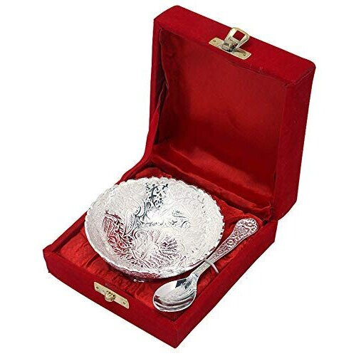Silver Plated Small Bowl Set with Spoon Size 9 9 3 cm Capacity 100 ml 338 OZ