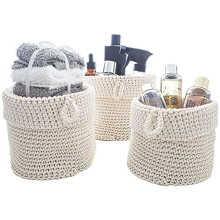 Round Storage Baskets Set of 3 Cream Fabric Basket Organisers Woven Knitted Rope Design Round Storage Baskets for Home Bathroom Accessories Large