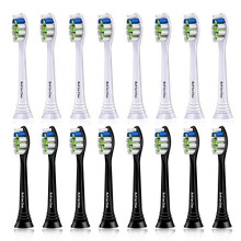 NR092 16-Pack Replacement Toothbrush Heads for Philips Sonicare - White/Black, DuPont Filaments, End-Rounded Bristles, Hygienic Cap