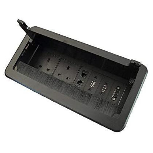 Table Power Socket Connectivity Box with UK Plug USB Data HDMI VGA Telephone and Internet Black