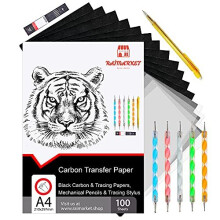 112 Pcs Black Carbon Paper for Tracing On Fabric Wood and Sewing Includes 5 Tracing Paper for Sewing Patterns 1 Pencil and 1 Lead Box 5 Stylus A4 Size
