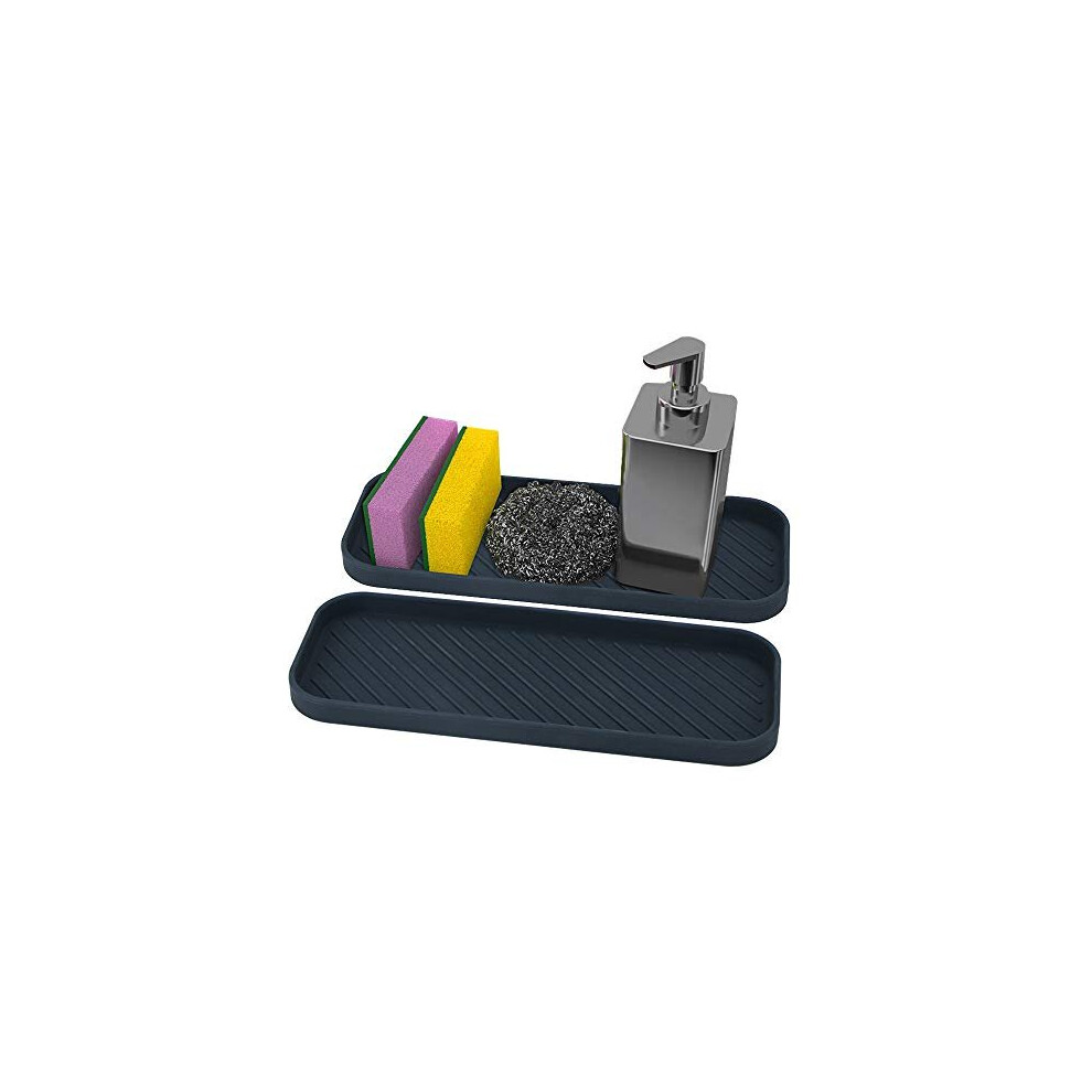 2Pcs Sink Caddy Kitchen Sink Organiser Tray Silicone Sponge Holder For Dish Sponge Soap Dispenser Scrubber Black 760970324376