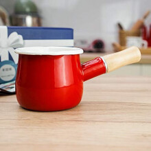 NonStick Milk Pan Small Milk Pot Tea Coffee Egg Boiling Pot Enamel Wooden Handle Baby Food Supplement Pot Easy Clean Enamel Stockpot Red