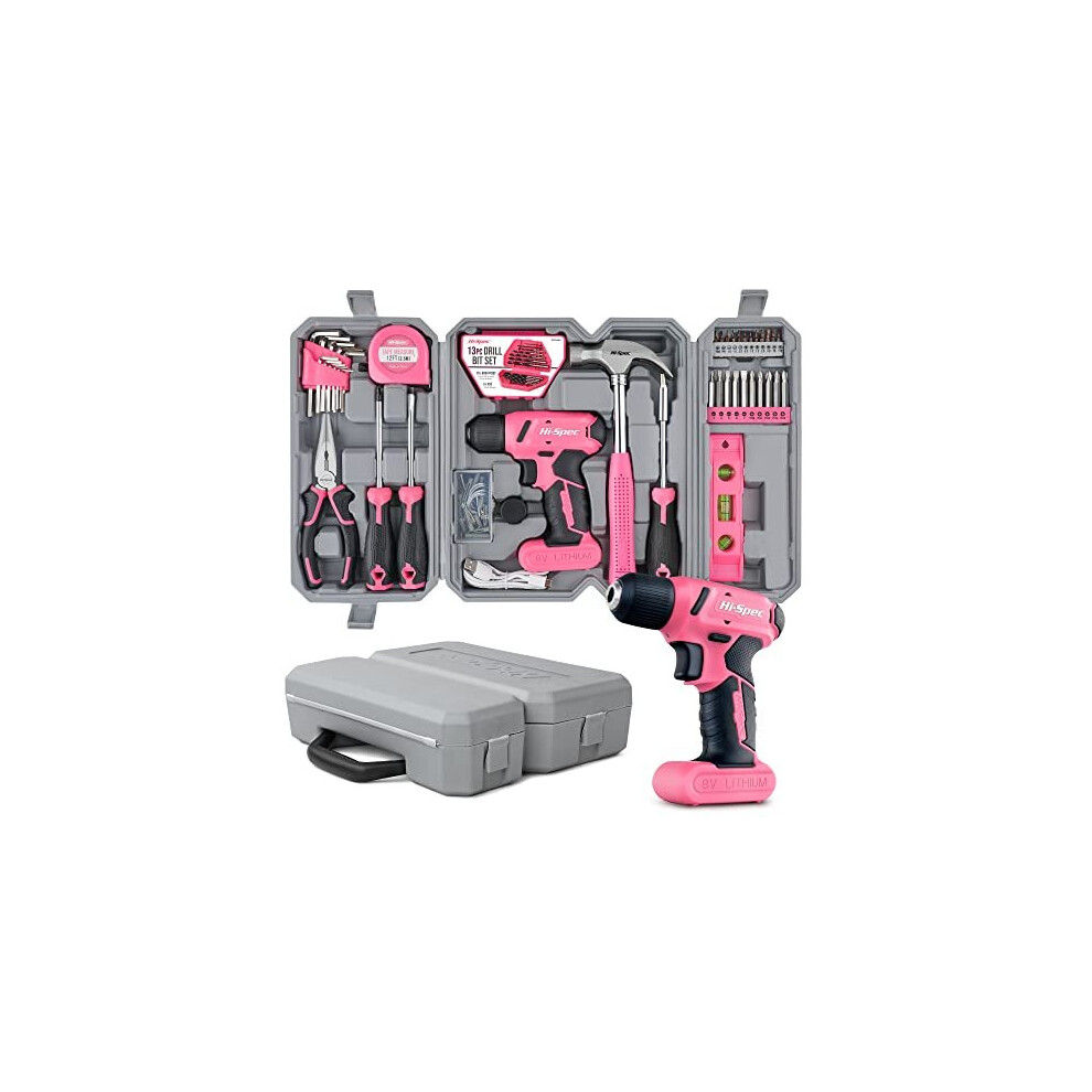 57pc Pink 8V USB Electric Drill Driver Household Tool Kit Set DIY Cordless Power Screwdriver