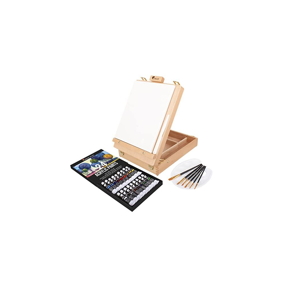 Acrylic Paint Set for Artists with Box Wood Easel 24 Tubes of Acrylic Paints 6 Paintbrushes Blank Canvas Spatula and Mixing Palette Portable Travel