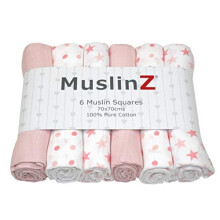 6-Pack Baby Muslin Squares Burp Cloths 100% Cotton, 70x70cm, Pink Stars