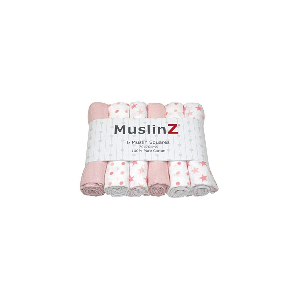 6pk Baby Muslin Squares Burp Cloths 100 Pure Soft Cotton 70x70cm Pink Stars