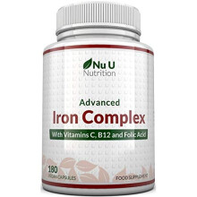 Iron Supplement 180 Vegan Capsules with Vitamin C B12 Folic Acid for Men and Women Iron Capsules not Iron Tablets 6 Month Supply from Ferrous Fumarate