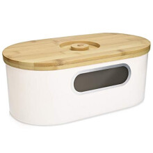 Bread Bin with Bamboo Lid Cream Colour Metal Storage Container with Window and Wooden Chopping Board Lid Vintage Style Kitchen Box Tin