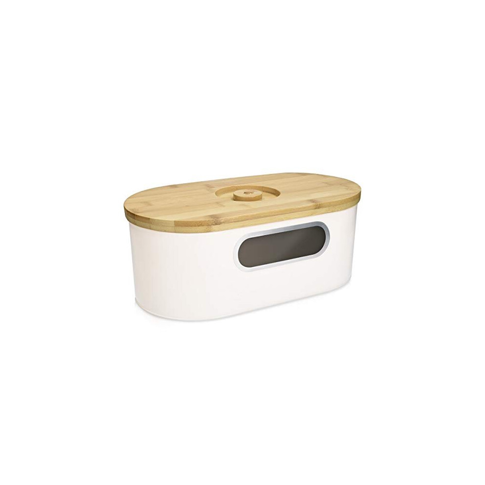 Bread Bin with Bamboo Lid Cream Colour Metal Storage Container with Window and Wooden Chopping Board Lid Vintage Style Kitchen Box Tin