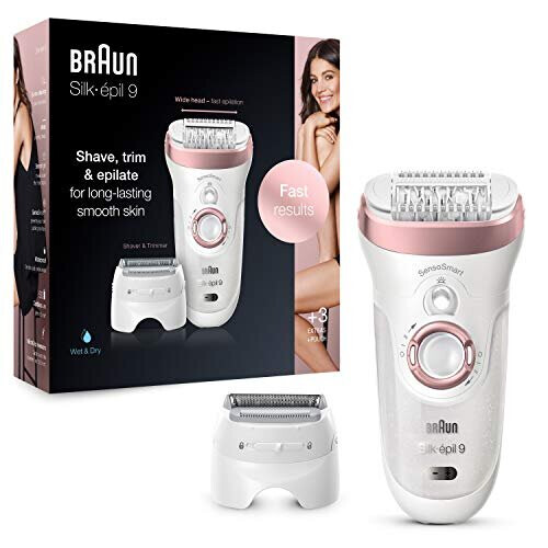 Braun Silkpil 9 Epilator With Shaver Trimmer Head Shave Trim Epilate For LongLasting Smooth Skin Provides Smooth Skin For Weeks 100 Waterproof 2 Pin