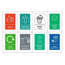 Mixed Pack of 8 Multi Recycling Bin Sticker Bin Labels Food Plastics Mixed Paper Card Mixed Glass General Waste Kitchen Waste Garden waste 8 decals