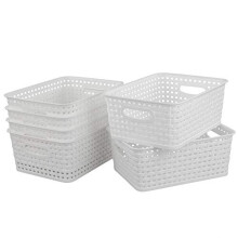 6Pack Small White Plastic Weave Rattan Storage Basket Box