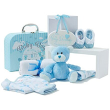 Newborn Baby Boy Gift Set Hand Packed Blue Hamper Styled as a Case with Teddy Bear Knitted Booties Bib Hat Muslin Cloth and Hanging Plaque