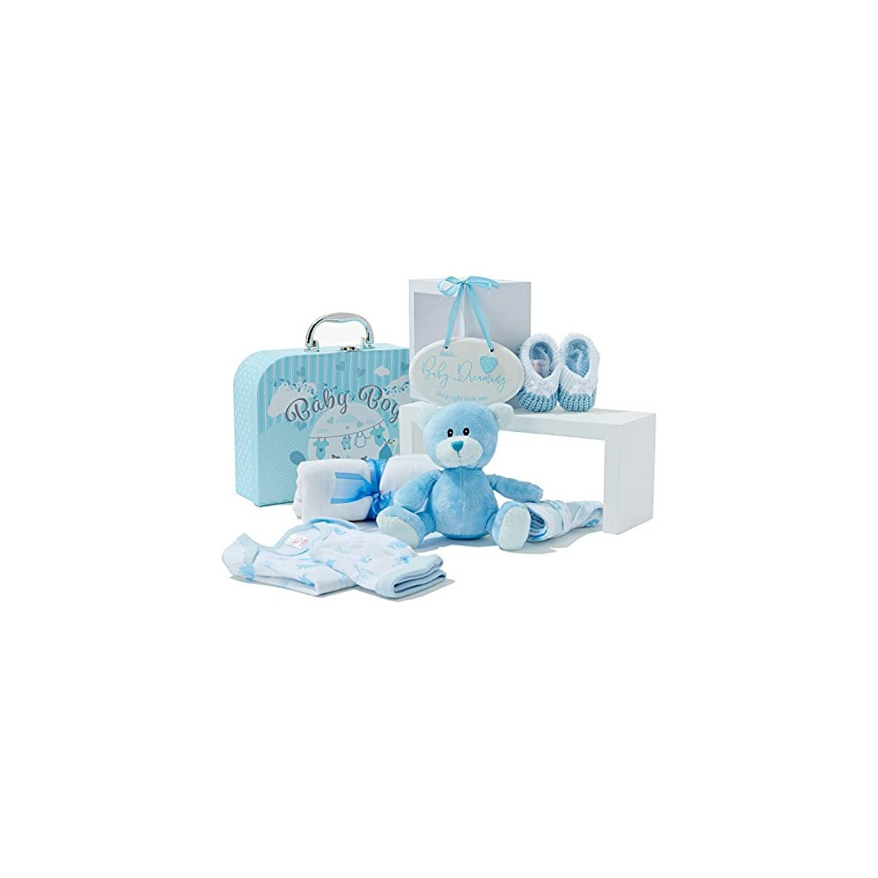 Newborn Baby Boy Gift Set Hand Packed Blue Hamper Styled as a Case with Teddy Bear Knitted Booties Bib Hat Muslin Cloth and Hanging Plaque