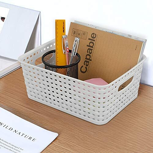 6Pack Small White Plastic Weave Rattan Storage Basket Box 2
