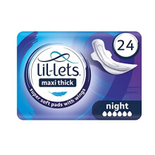Lil-Lets Maxi Thick Night Pads with Wings, 24 Pack (94MXNI24CO) - Super Soft, Fragrance-Free, 330mm