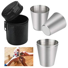 4 Pcs 30ml Stainless Steel Cup Food Grade Metal Tumblers Camping Drinking Glasses Mug Mini Portable Shot Glasses Set with Black Leather Bag for Hiking