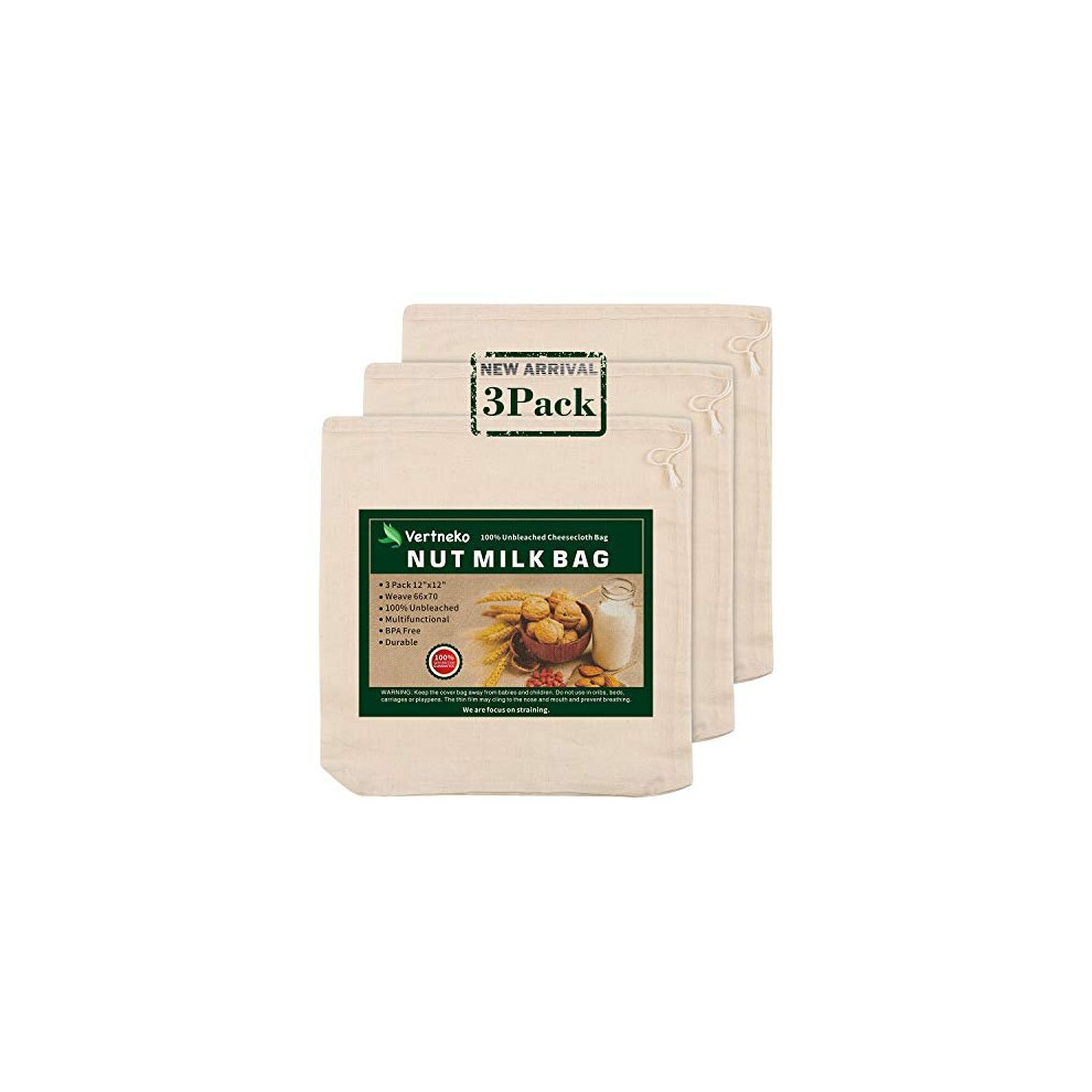 Vertneko Nut Milk Bag Reusable 3 Pack 12 X 12 All Natural Cheesecloth Bags 100 Unbleached Cotton Cloth Bags Strainer For Straining Almondsoy Milk Greek Yogurt
