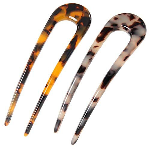 2 Pack French Style Cellulose Acetate Tortoise Shell U Shaped Hair Pin Fork Sticks 2 Prong Updo Chignon Pin for women