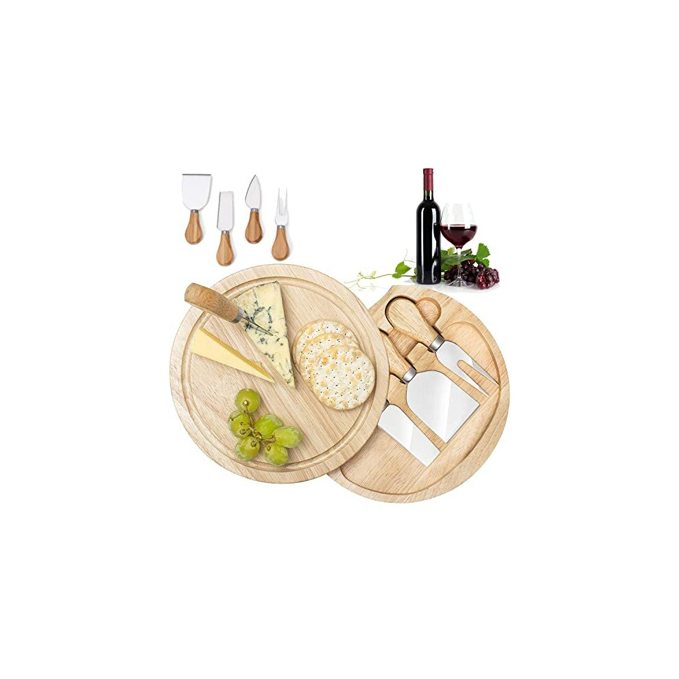 Cheese Board Set with Round Wooden Board with Integrated Slide Out Knife Compartment 3 Stainless Steel Knives and Fork Fruit Cheese Meats Food Board