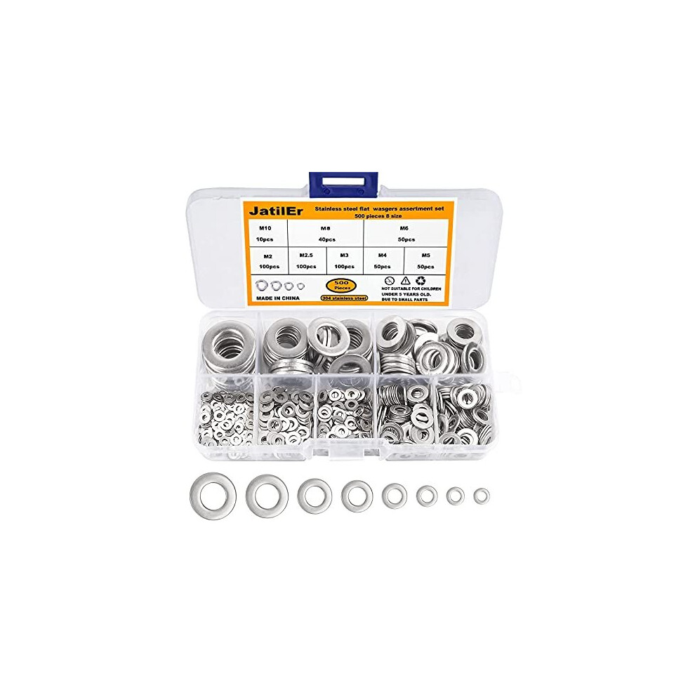 500 Pcs Flat Washers JatilEr Metal Washers Assorted Washers Kit M2 M25 M3 M4 M5 M6 M8 M10 Stainless Steel Flat Washers Small Screws Washer Assortment