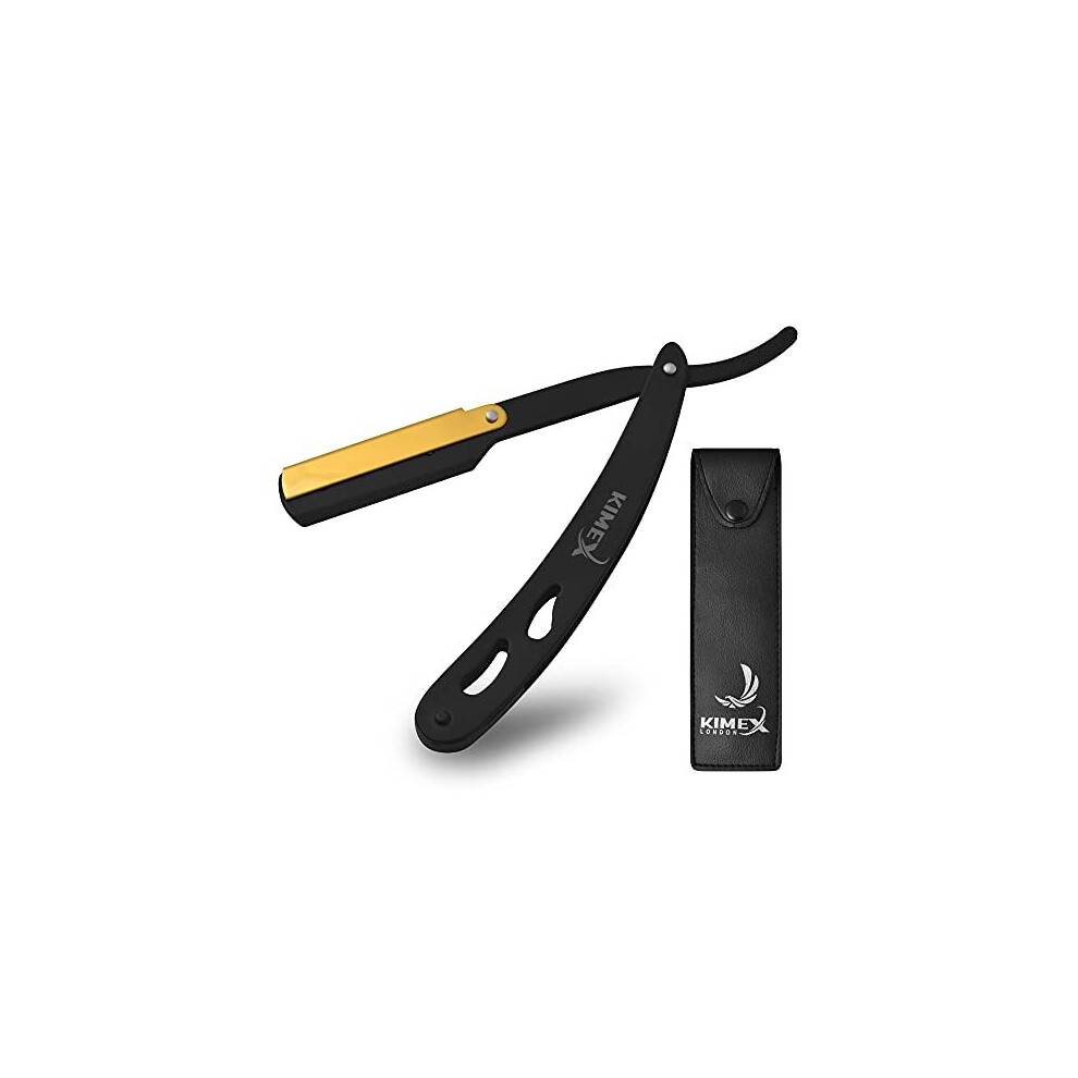 Kimex London Cut Throat Razors Powder Coated Stainless Steel Straight Razor Barber Razors For Shaving Shavette With Leather Cover Barber Blade With 24K Swing Gold