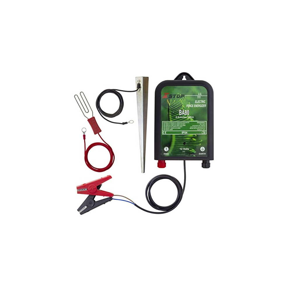 12 Volt Battery Powered Electric Fence Energiser Xstop Ba80 10Km Range 06 Joule Output Weatherproof Kit Includes Leads And Earth Stake For Horses And 5060183755505