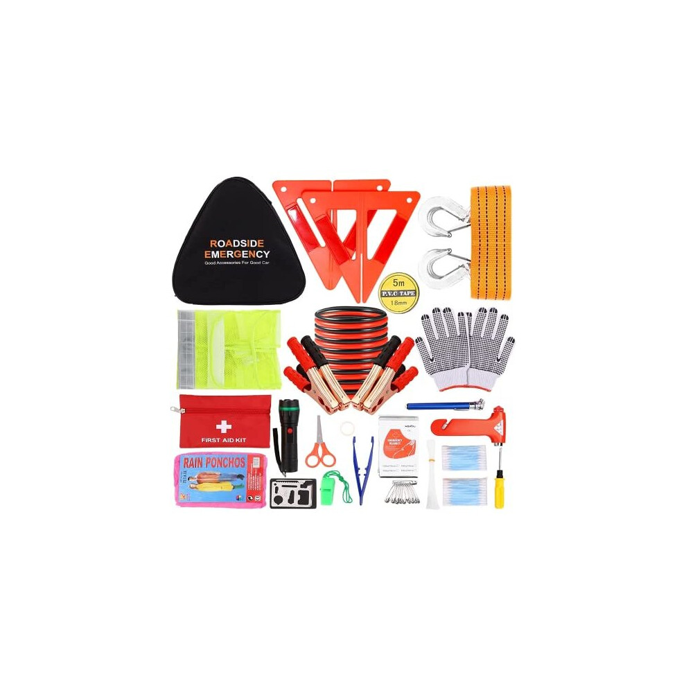Emergency Breakdown Kit 76 In 1 Multifunctional Roadside Assistance Car Breakdown Kit With Jumper Cables Tow Rope Triangle Flashlight Safety Hammer 763440759975