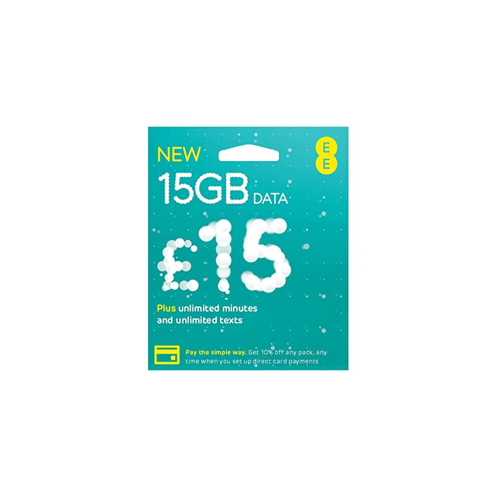 EE SIM Card UK PAYG 15 Bundle 15GB 10GB FREE DATA Unltd Texts Mins International Calling Option Love2surf RETAIL PACK