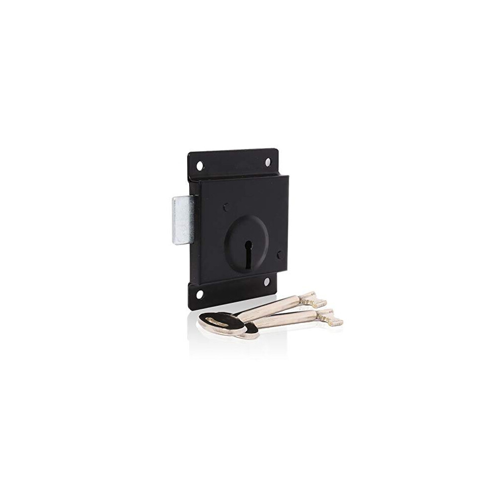XFORT Traditional 4 x 3 Rim Press Lock Surface Mounted Black Rim Presslock with Key Operated Deadbolt Ideal for Wooden Doors and Gates to Secure