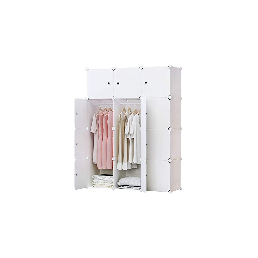 12 Cube Clothes Closet Plastic Wardrobe with Doors 2 Hangers Deeper Cubes than Normal 45 cm vs 35 cm for Larger Capacity White