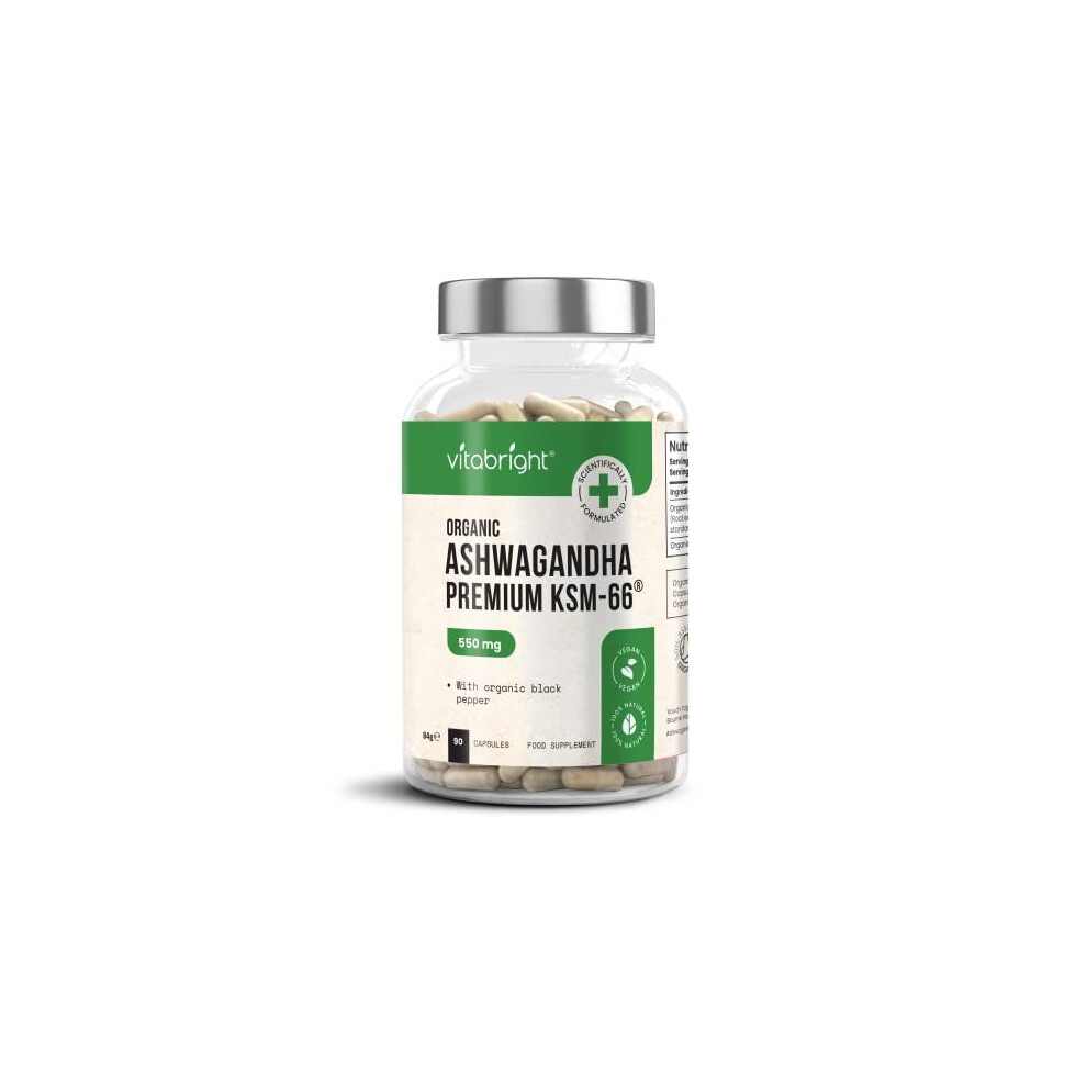 Organic Ashwagandha KSM66 Capsules 550mg Highly Concentrated 101 Extract Ratio Equivalent to 5500mg with 5 Withanolides 90 Vegan Capsules Natural