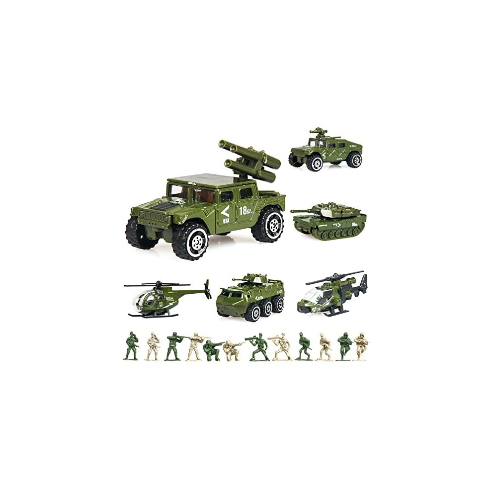 18 Pack Diecast Military Vehicles Sets6 Pack Assorted Alloy Metal Army Models Car Toys and 12 Pack Soldier Army Men Mini Army Toy TankPanzerAntiAir