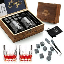 Whisky Stones Glasses Gift Set 2 Scotch Glasses 8 Granite Chilling Rocks Wooden Gift Box Burbon Present for Whisky LoversMenChristmasBirthdayFathers