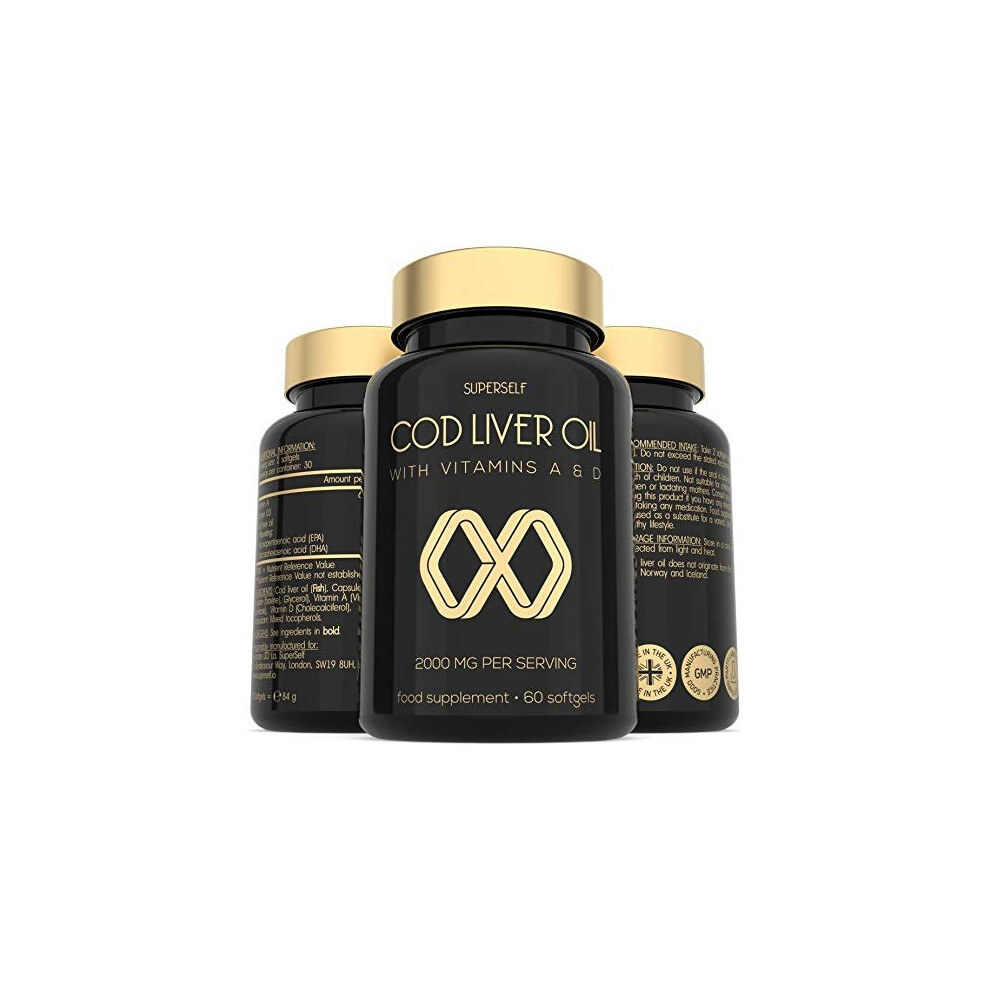 Superself Cod Liver Oil Capsules High Strength 2000Mg 60 Softgel Tablets Rich In Omega 3 Epa Dha Vitamins A And D 1000Mg Arctic Cod Liver Oil Per Capsule
