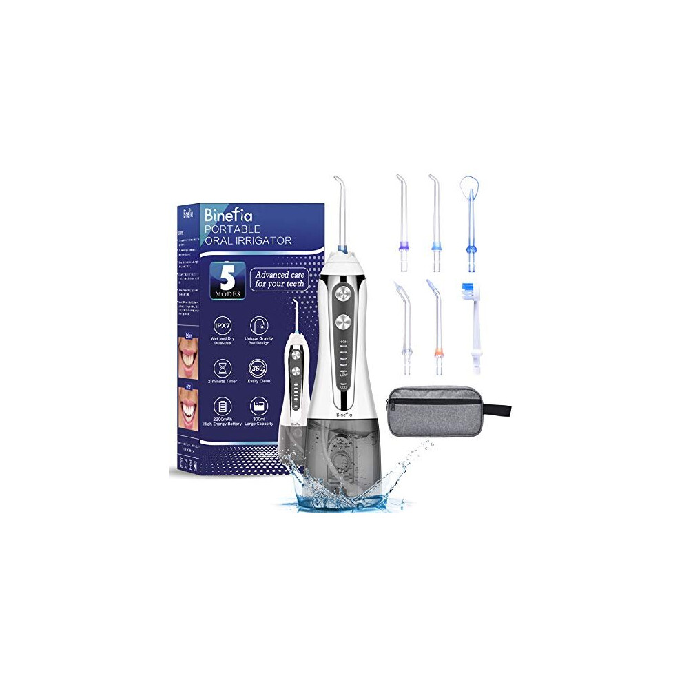 Water Flosser for Teeth Cordless with 5 Modes Binefia 360 Rotation Oral Irrigator IPX7 Waterproof 300ML 6 Jet Tips Water Pick Teeth Cleaner USB